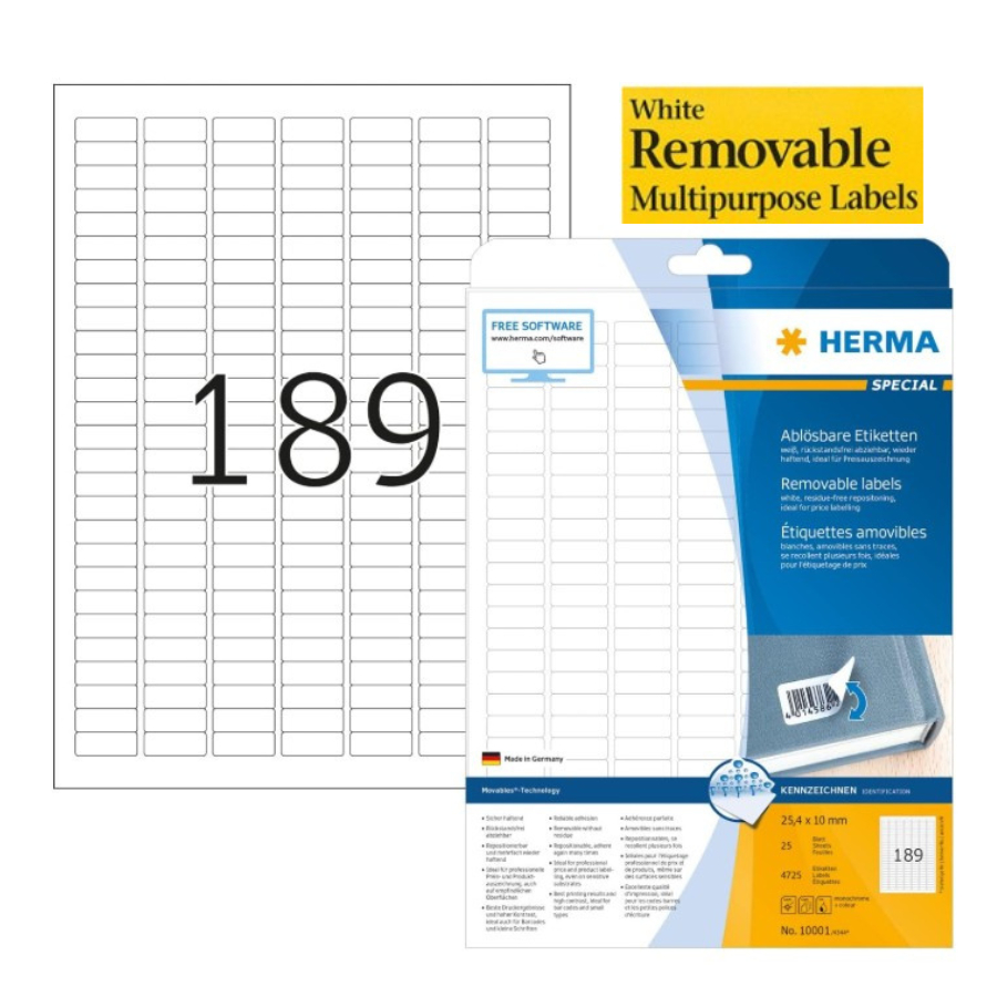 The Office Shoppe - HERMA ป้ายถอดได้แบบมีกาวในตัว 189 ป้ายต่อแผ่น A4 25 แผ่น 25.4 x 10 mm( 1001)