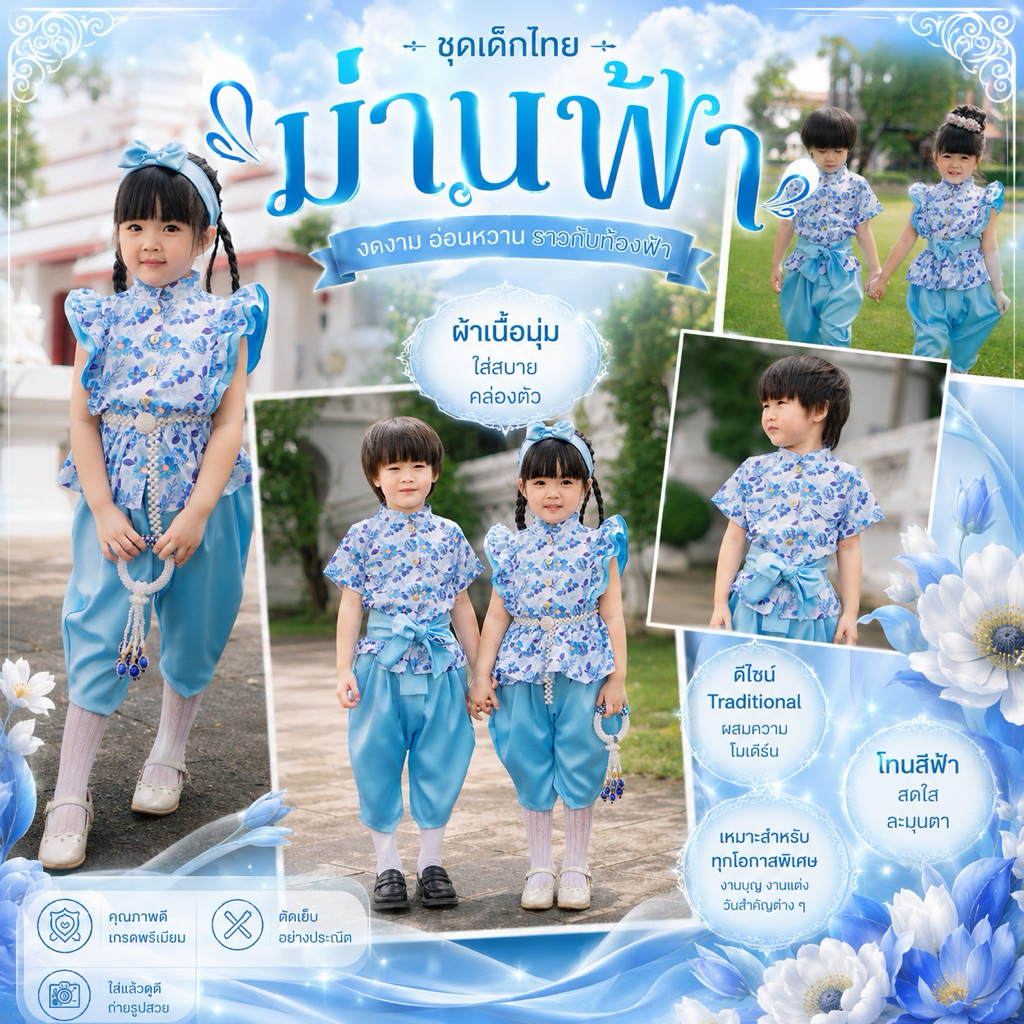 ชุดไทยเด็ก ชุดไทยคู่พี่น้อง “ ม่านฟ้า‘ มีไซส์เริ่มตั้งแต่เด็กเดือน
