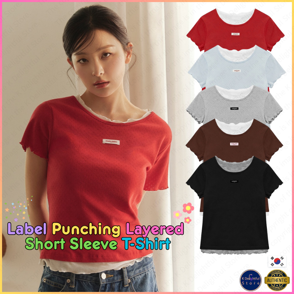 [Marie Claire] เสื้อยืดแขนสั้นป้าย Punching Layered