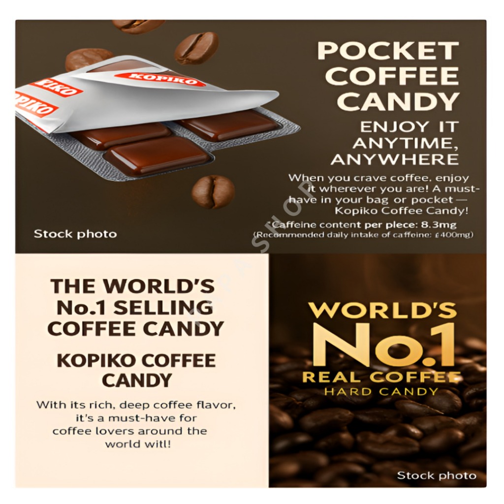 KOPIKO ลูกอมกาแฟ 3 รสชาติ – ไม่มีน้ำตาล / คาปูชิโน่ / กาแฟเข้มข้น (8 เม็ดต่อซอง)