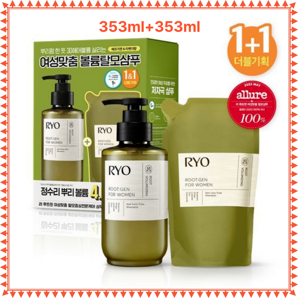 RYO Rootgen Womens Hair Loss Care Shampoo 335ml + 335ml – Volume Boost, Scalp Strengthening, Korean 