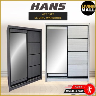 Living Mall Hans Series 4FT/5FT/6FT 2-Door Sliding Door Wardrobe in White Wash or Black