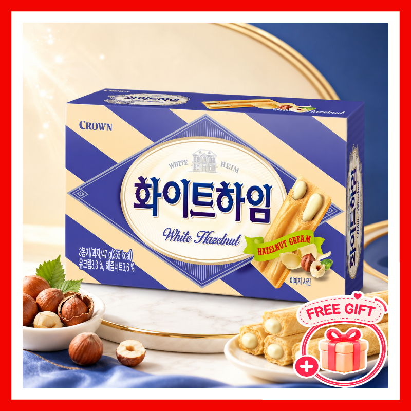 เกาหลีเฮเซลนัทเวเฟอร์บิสกิต Crown Heim 47g Choco White Sweet Snack