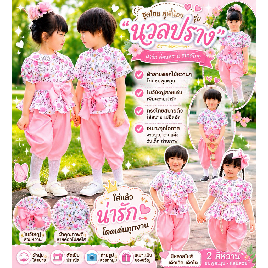 ชุดไทยเด็ก ชุดไทยคู่พี่น้อง ‘ รุ่น นวลปราง‘  มีไซส์เริ่มตั้งแต่เด็กเดือน