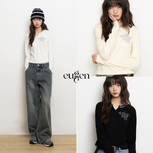 [EUGGEN] RACE NECK EMI CROP LONG SLEEVE TEE 3 สี แฟชั่นเกาหลี / สินค้าแท้ จัดส่งเร็ว