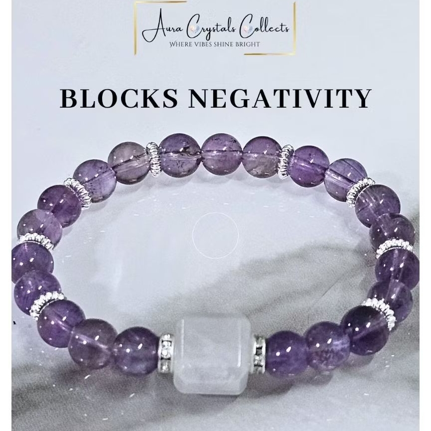 สร้อยข้อมือคริสตัล Amethyst & Lavender Amethyst Cube สําหรับบรรเทาความเครียดนอนไม่หลับ Focus ผิวเรือ