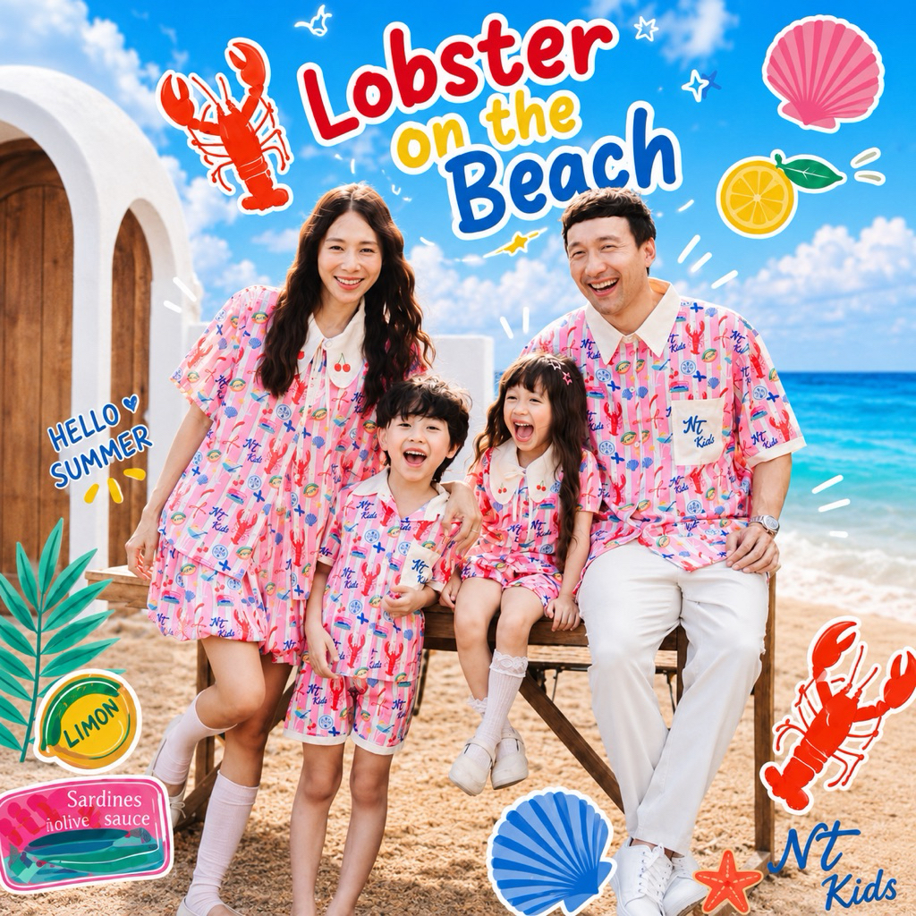 ชุดครอบครัว Lobster on the Beach ลายกุ้งล็อบสเตอร์ สีชมพู พ่อแม่ลูก ผ้าไหมอิตาลี ใส่เที่ยวทะเล