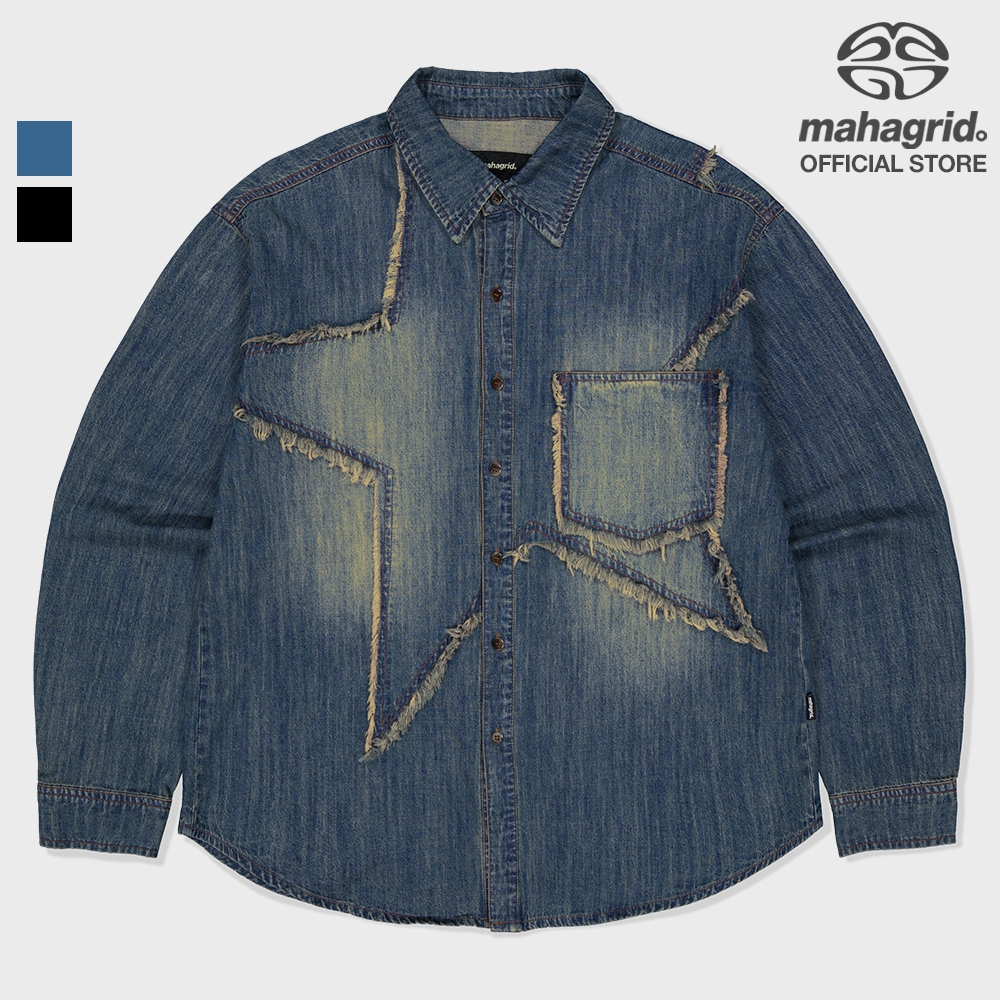 [MAHAGRID] STAR RAW CUT DENIM SHIRT_สไตล์เกาหลี