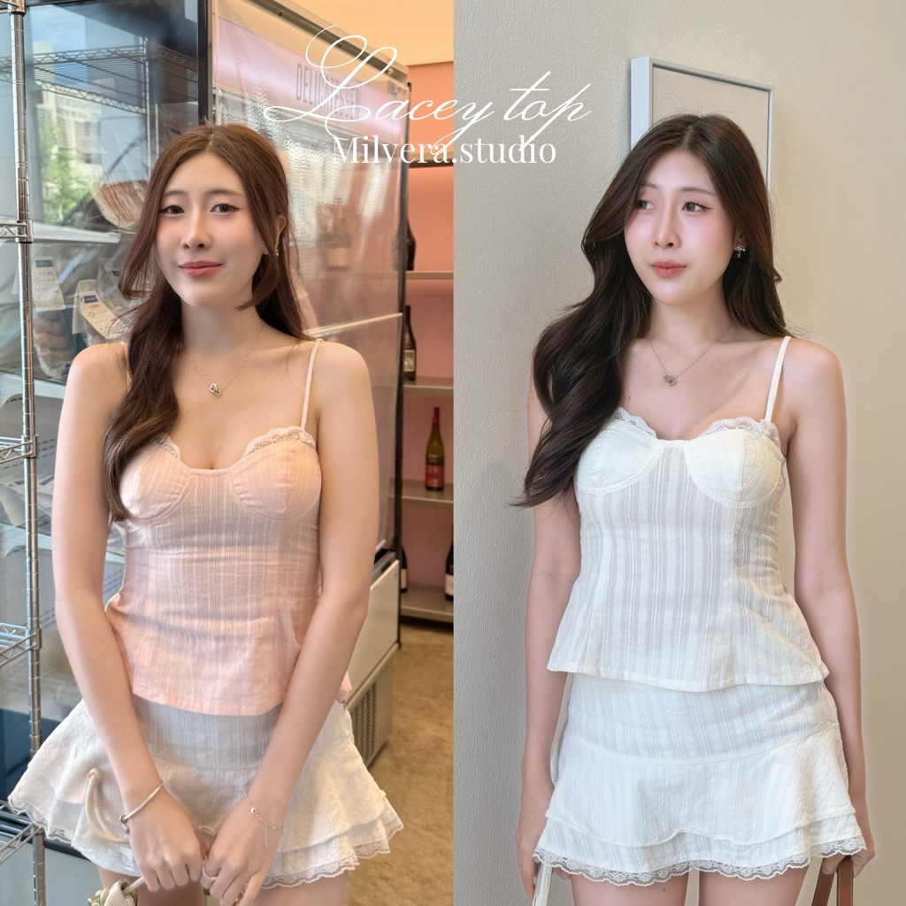 Milvera | ( พร้อมส่ง ) Lacey top เสื้อสายเดี่ยวแต่งขอบลูกไม้ อกแต่งคัพอกทรงสวย