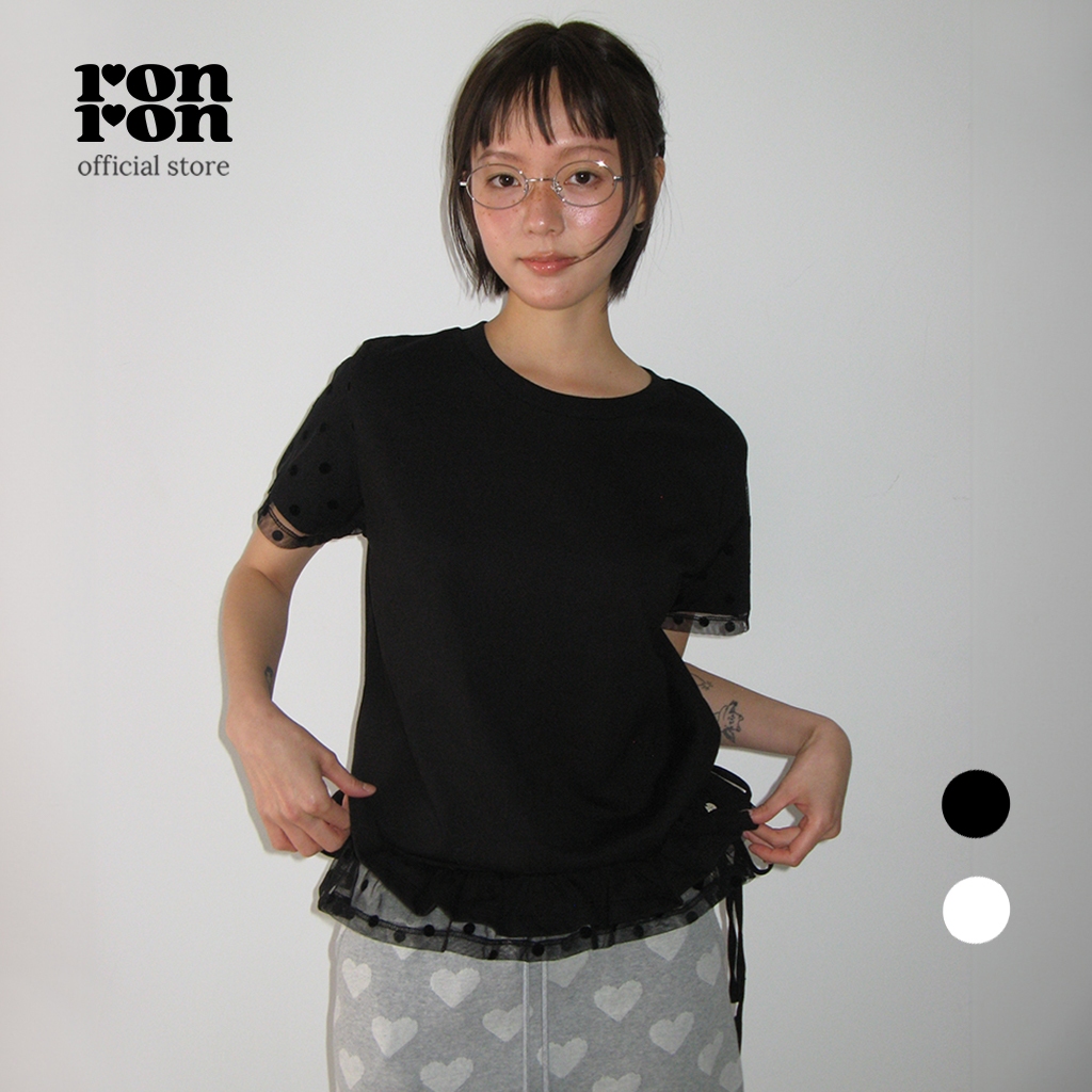 [RONRON] Dot Mesh Frill Short Sleeve T Shirt / 2colors