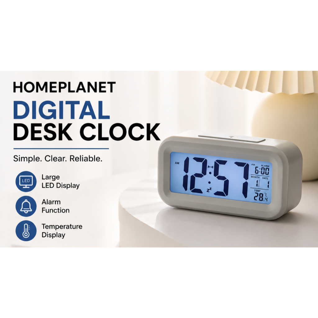 นาฬิกาตั้งโต๊ะดิจิตอล HomePlanet | นาฬิกาปลุก LED | จอแสดงผลขนาดใหญ่ | แสดงอุณหภูมิ | Snooze Snooze 