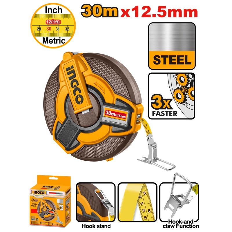 INGCO FAST REWIND เทปวัดเหล็ก 30M/100FT HSMT0830
