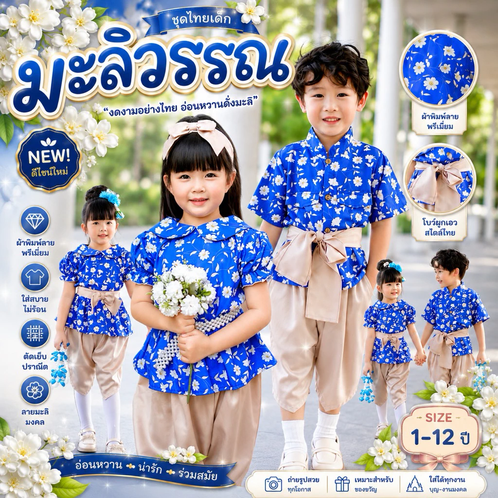 ชุดไทยเด็ก ชุดไทยคู่พี่น้อง “ รุ่น มะลิวรรณ ‘ มีไซส์เริ่มตั้งแต่เด็กเดือน