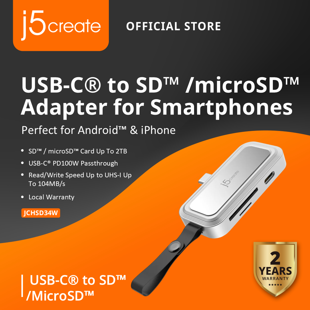 J5CREATE JCHSD34W อะแดปเตอร์ USB-C เป็น SD /microSD สําหรับสมาร์ทโฟน