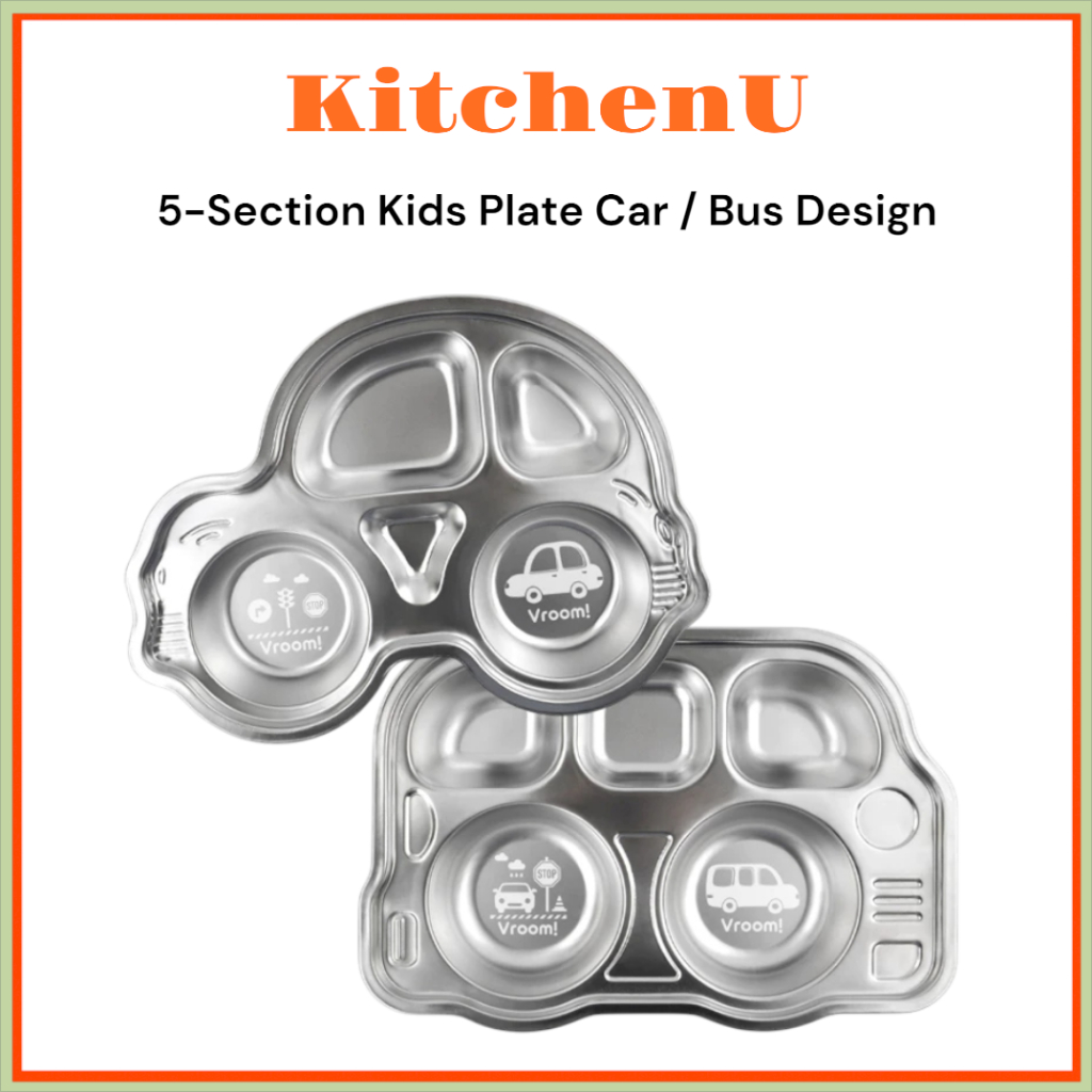 KitchenU Vroom Vroom จานเด็ก 5 ส่วนสแตนเลส Car/Bus Design