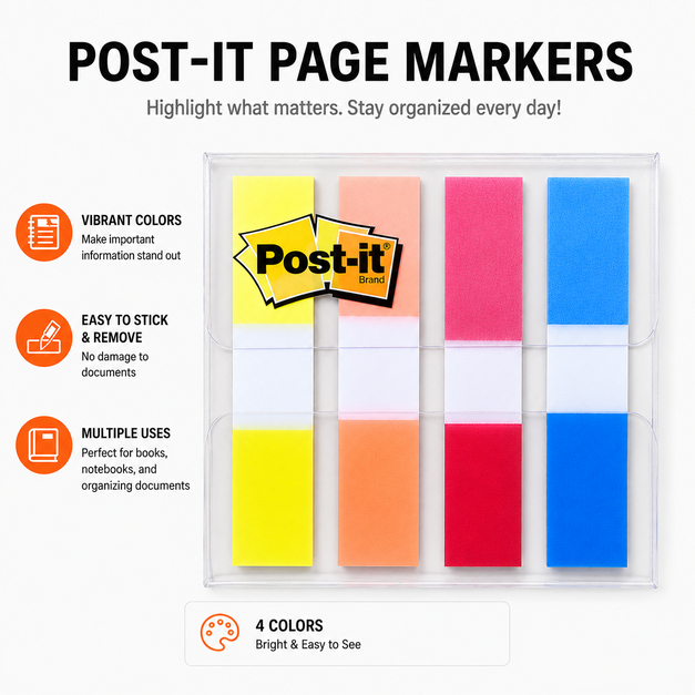 3M Post-it ธง 44m X 9m ป้าย Sticky Notes ป้ายหมายเหตุสติกเกอร์กระดาษ 4 สี Sticky Index Tabs