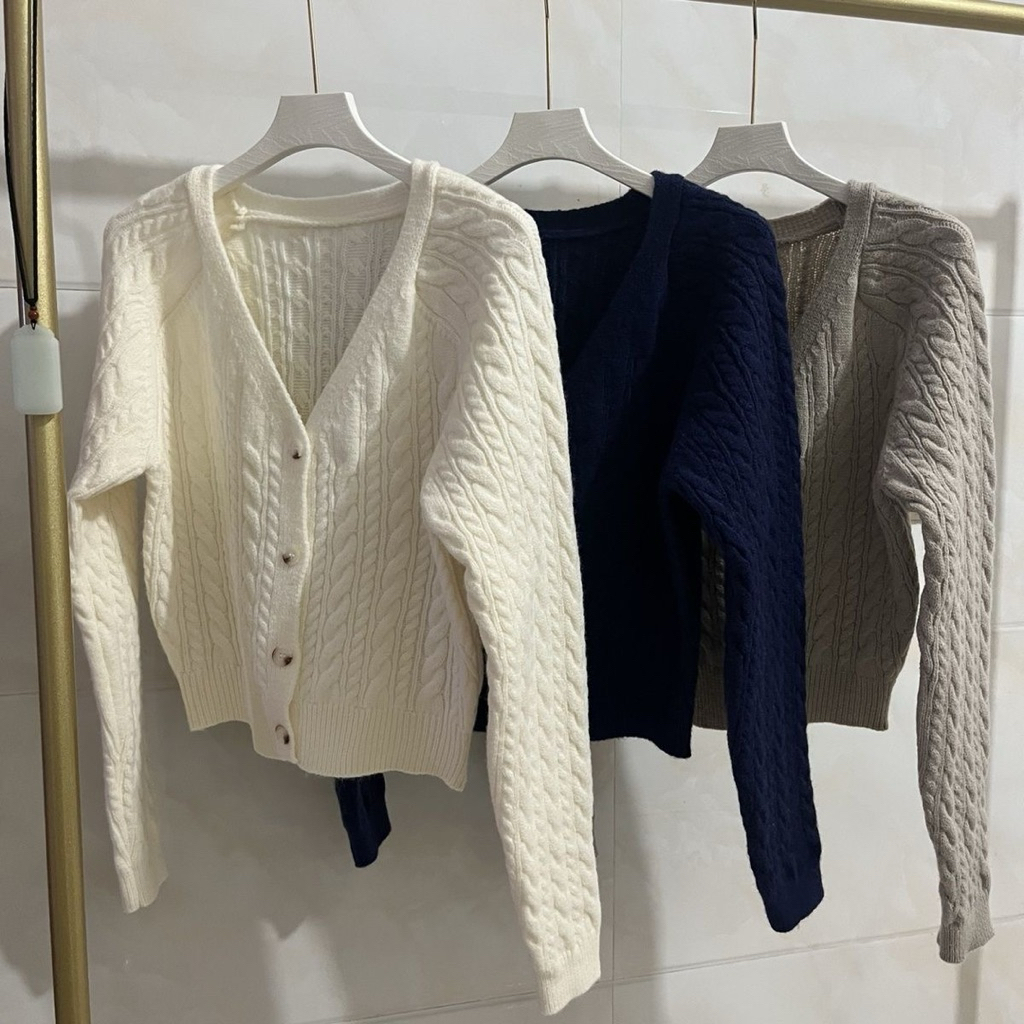 FLS Womens Cable Knit Cardigan Classic V คอปุ่มเสื้อกันหนาวเสื้อถักลําลอง