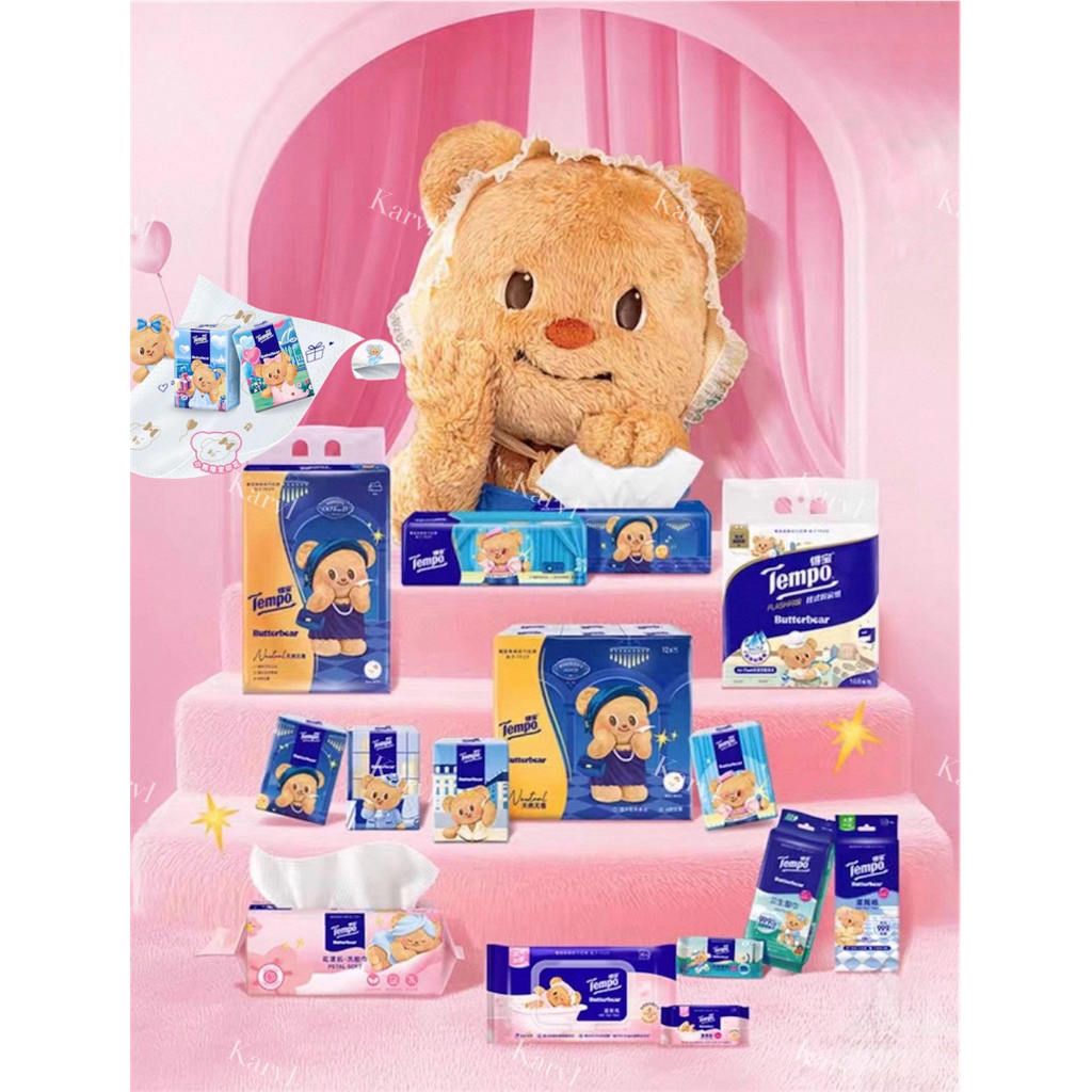 TEMPO Butter Bear Series 4Ply Pocket Tissue Mini Wet Wipes Flushable Toilet Wipes Facial Towel