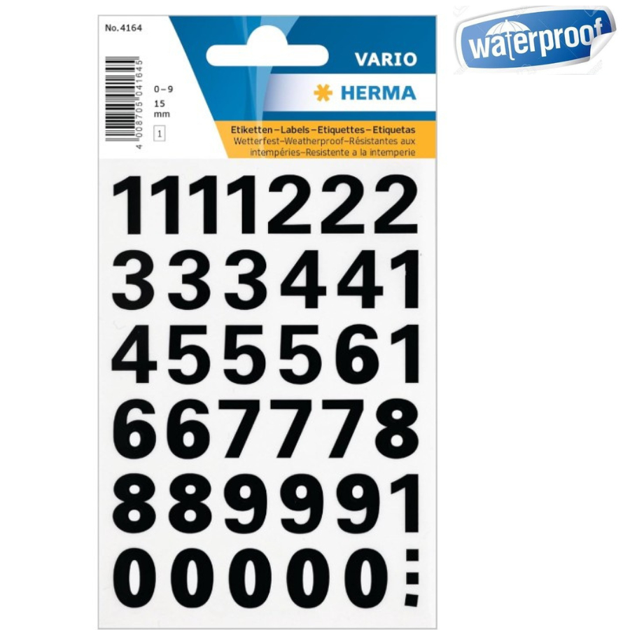 The Office Shoppe - HERMA 4164 สติ๊กเกอร์ตัวเลข 0-9, Weatherproof (Font ขนาด 15 mm, 1 แผ่น, ฟอยล์) (