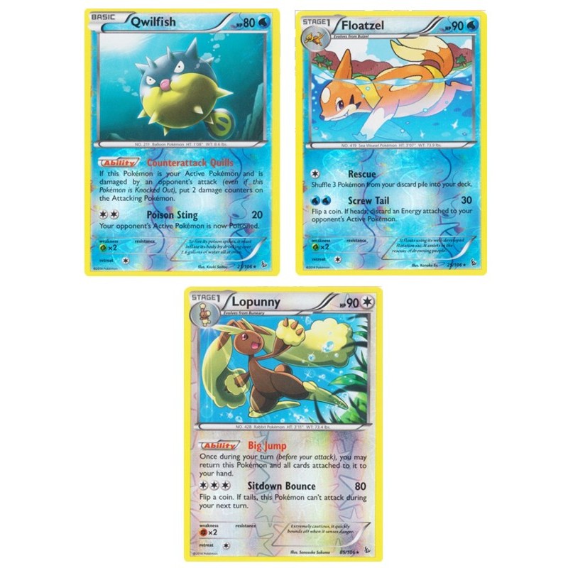 การ์ดโปเกมอนภาษาอังกฤษ Qwilfish - 21/106 /Floatzel - 29/106 /Lopunny - 85/106 - Reverse Holo XY: Fla