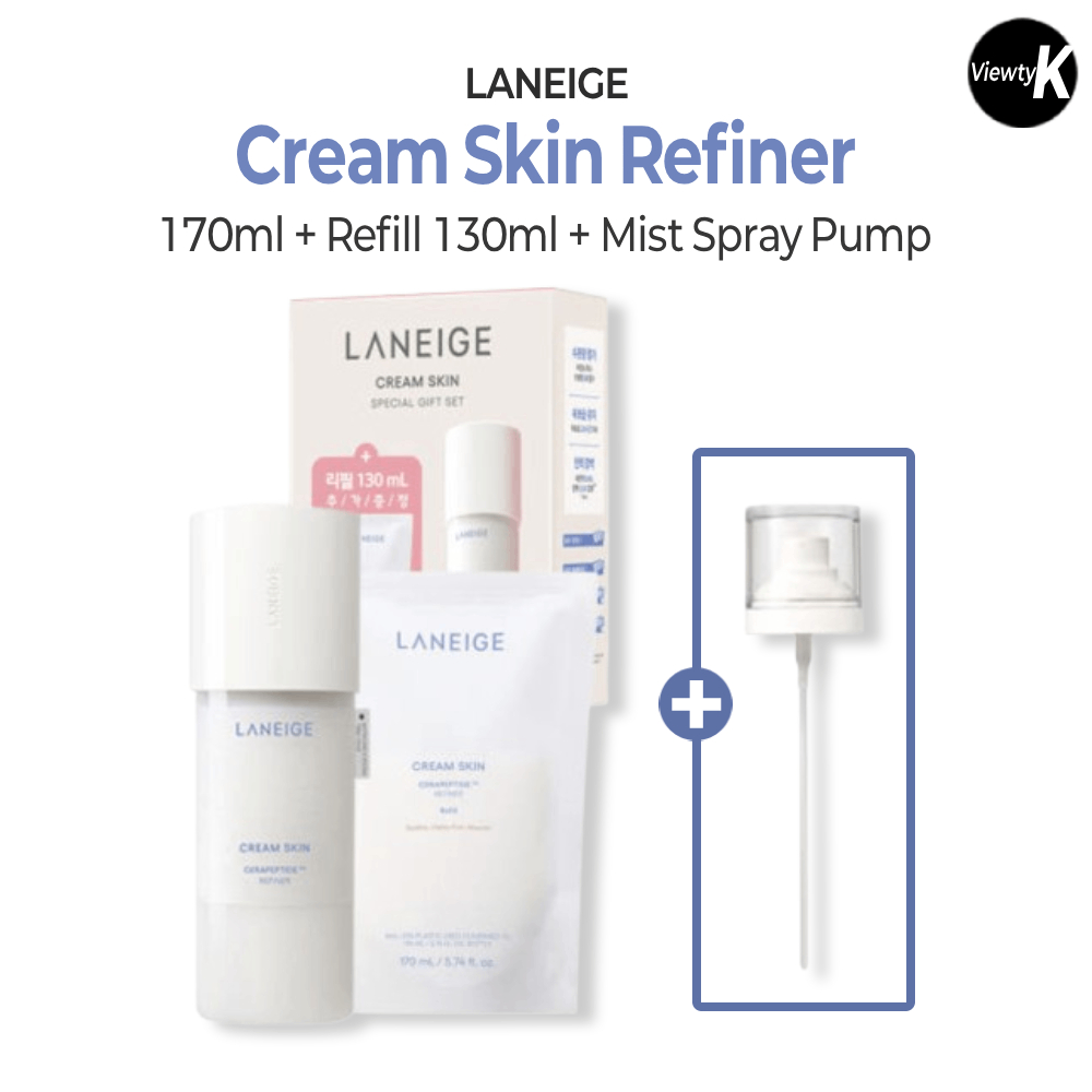 LANEIGE Cream Skin Refiner 170ml + รีฟิล 130ml + ปั๊มหมอก | โทนเนอร์ให้ความชุ่มชื้นสําหรับ Skip-Care & Moisture Boost