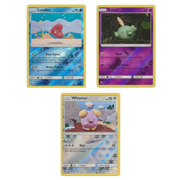 การ์ดโปเกมอนภาษาอังกฤษ Luvdisc 44/168 /Gulpin 57/168 /Whismur 117/168 Common Reverse Holo Sun & Moon