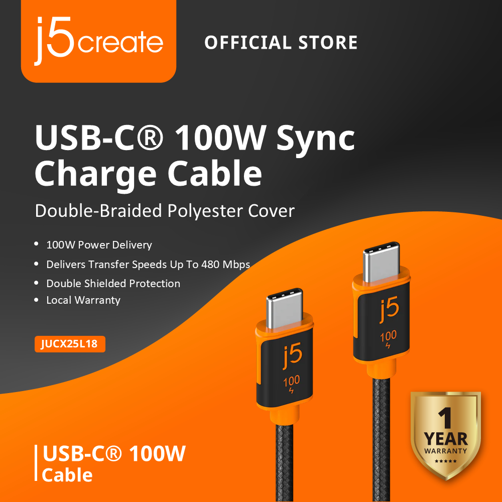 J5CREATE JUCX25L18 USB-C 100W Sync & สายชาร์จ