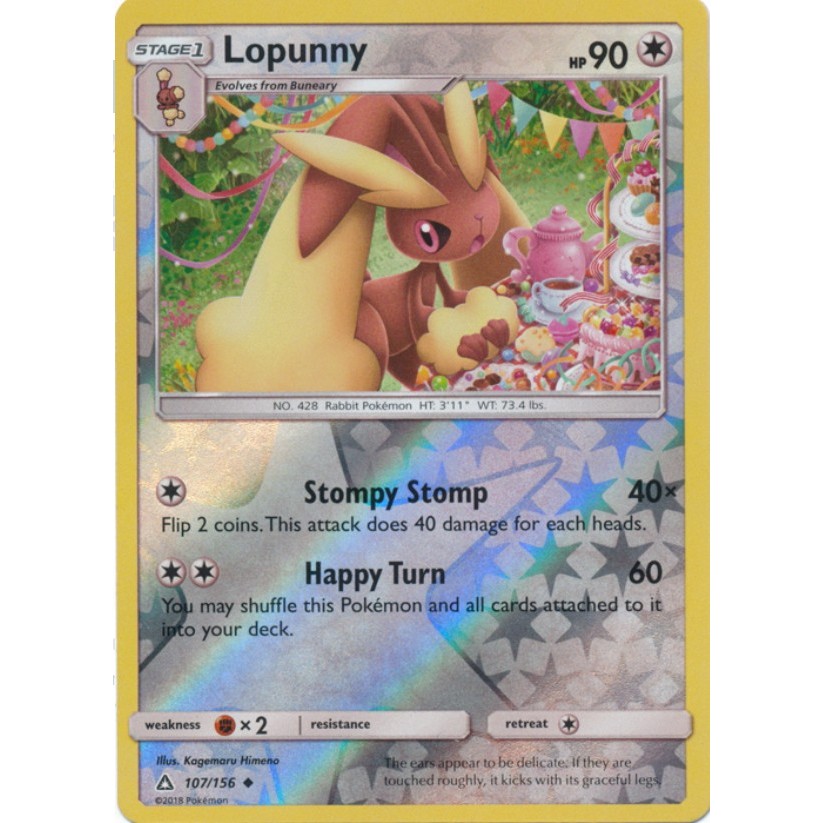 การ์ดโปเกมอนภาษาอังกฤษ Lopunny - 107/156 - Uncommon Reverse Holo Sun & Moon: Ultra Prism Singles [ U