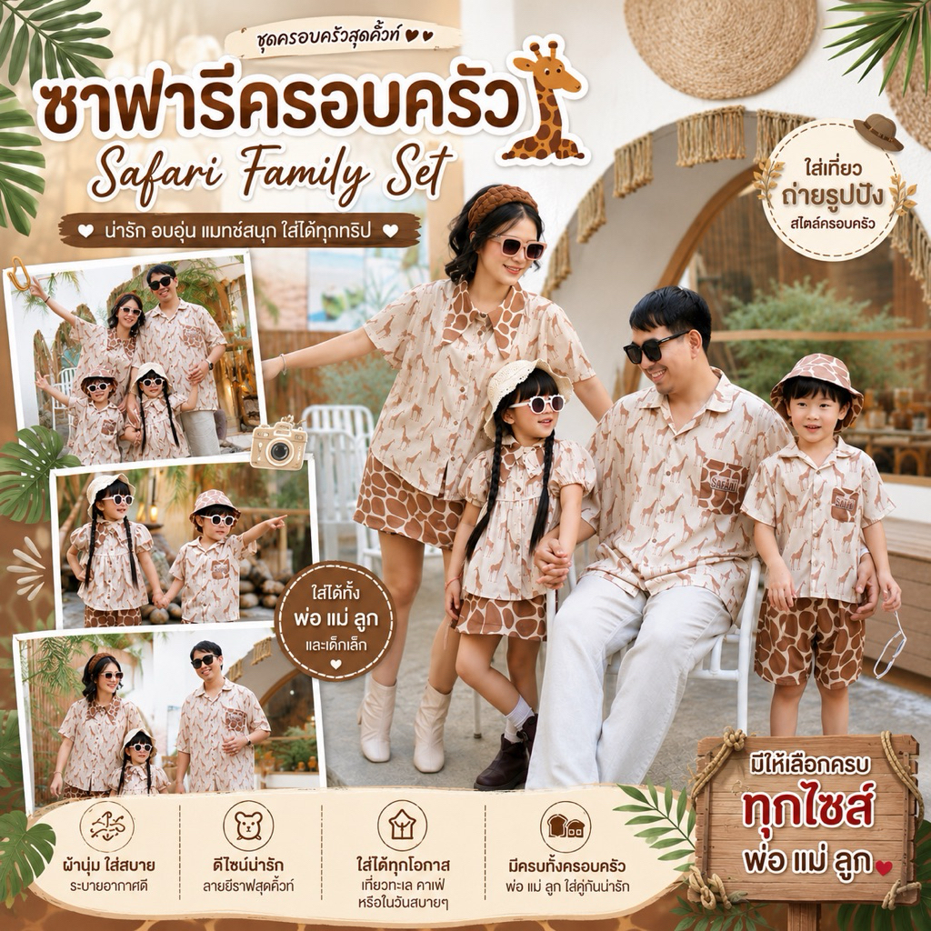 🦒 Safari Family Set ชุดครอบครัวลายยีราฟ พ่อแม่ลูก เสื้อฮาวายเซ็ตครอบครัว ใส่เที่ยวทะเล คาเฟ่ ถ่ายรูปน่ารัก