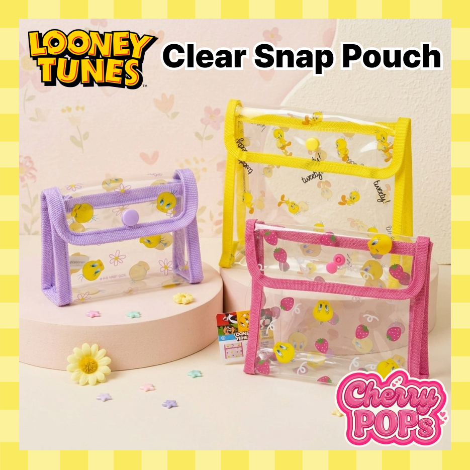 [DAISO KOREA] Looney Tunes Twety Bird Clear Snap Pouch - Aesthetic Transparent Makeup Bag, Kawaii Card & Cash Holder, Multi-size Travel Organizer จากประเทศเกาหลี