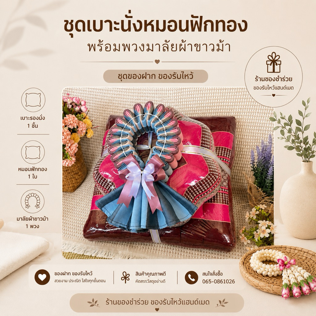 ชุดพวงมาลัยผ้าขาวม้า+เบาะนั่ง+หมอนฟักทอง 1ชุด