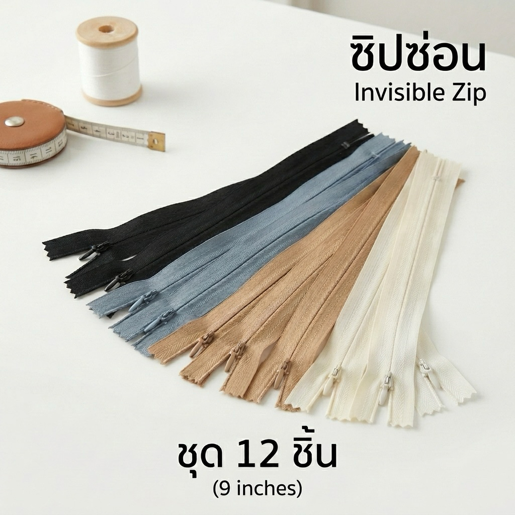 VM zipp ซิปซ่อน 9 นิ้ว (แพค 12 เส้น) รูดลื่น คุณภาพดี ซิป DIY ซิปเสื้อผ้า ซิปกระโปรง พร้อมส่ง