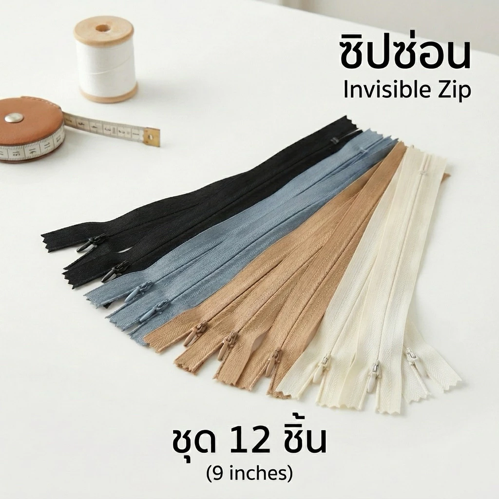 VM zipp ซิปซ่อน 9 นิ้ว (แพค 12 เส้น) รูดลื่น คุณภาพดี ซิป DIY ซิปเสื้อผ้า ซิปกระโปรง พร้อมส่ง