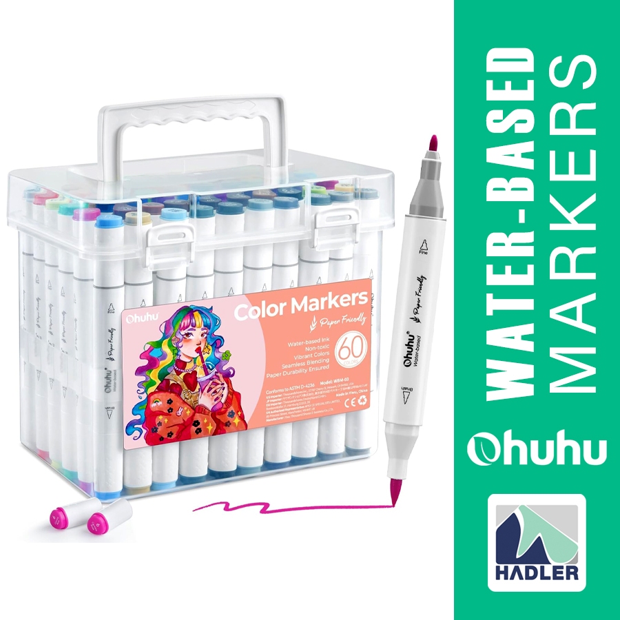 Ohuhu 60 สี Brush & Fine Tip Marker Box Set น้ําเป็นมิตรกับกระดาษ Non-Bleed