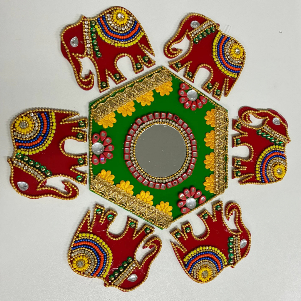 Handcrafted อะคริลิคช้างออกแบบ Rangoli Reusable Festive & Diwali Décor (8 นิ้ว)