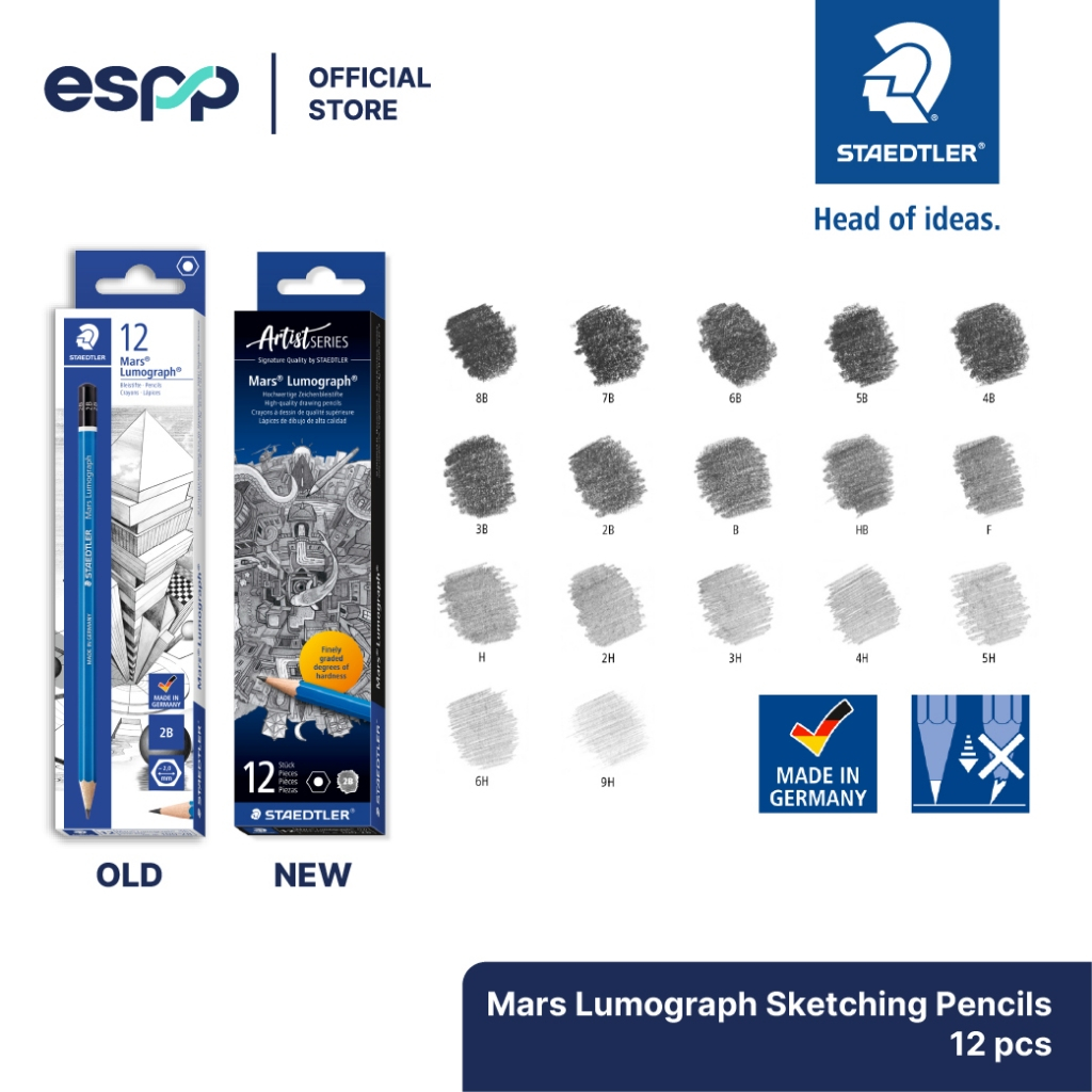 STAEDTLER Artist Series Mars Lumograph Sketching Pencils Box of 12pc (2B/2H/3B/3H/4B/4H/5B/5H/6B/6H/