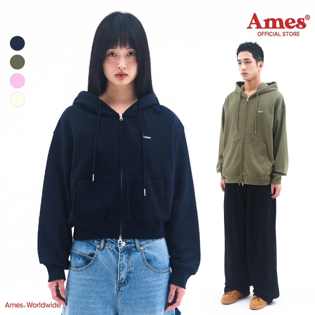 [AMES] BASIC SMALL LOGO HOODIE ZIP UP_สไตล์เกาหลี