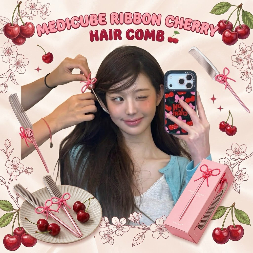 พร้อมส่งในไทย หวีวอนยอง MEDICUBE Ribbon Cherry Hair Comb หวีพกพาเมดิคิวบ์ รุ่นริบบิ้นเชอร์รี่