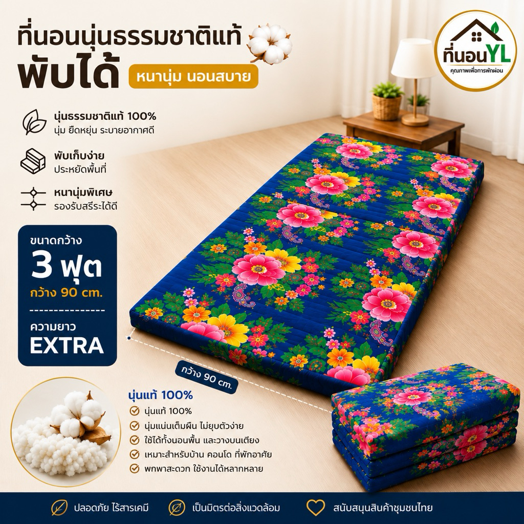 ที่นอนนุ่นแท้100% 3 ฟุต พับได้🔥ถูกที่สุด🔥Extra ยาวพิเศษ ✅✅แพคกิ้งด้วยกระสอบใหม่สะอาด100%