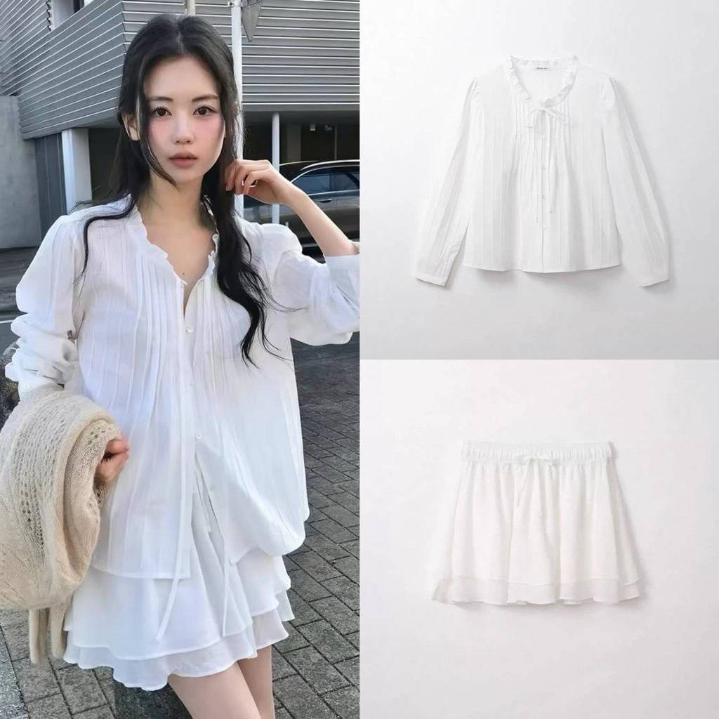 เสื้อเชิ้ตผูกโบว์แต่งลูกไม้ กระโปรงสั้นเลเยอร์ Lace Ribbon Set (Pre-order ประมาณ 15 วัน)