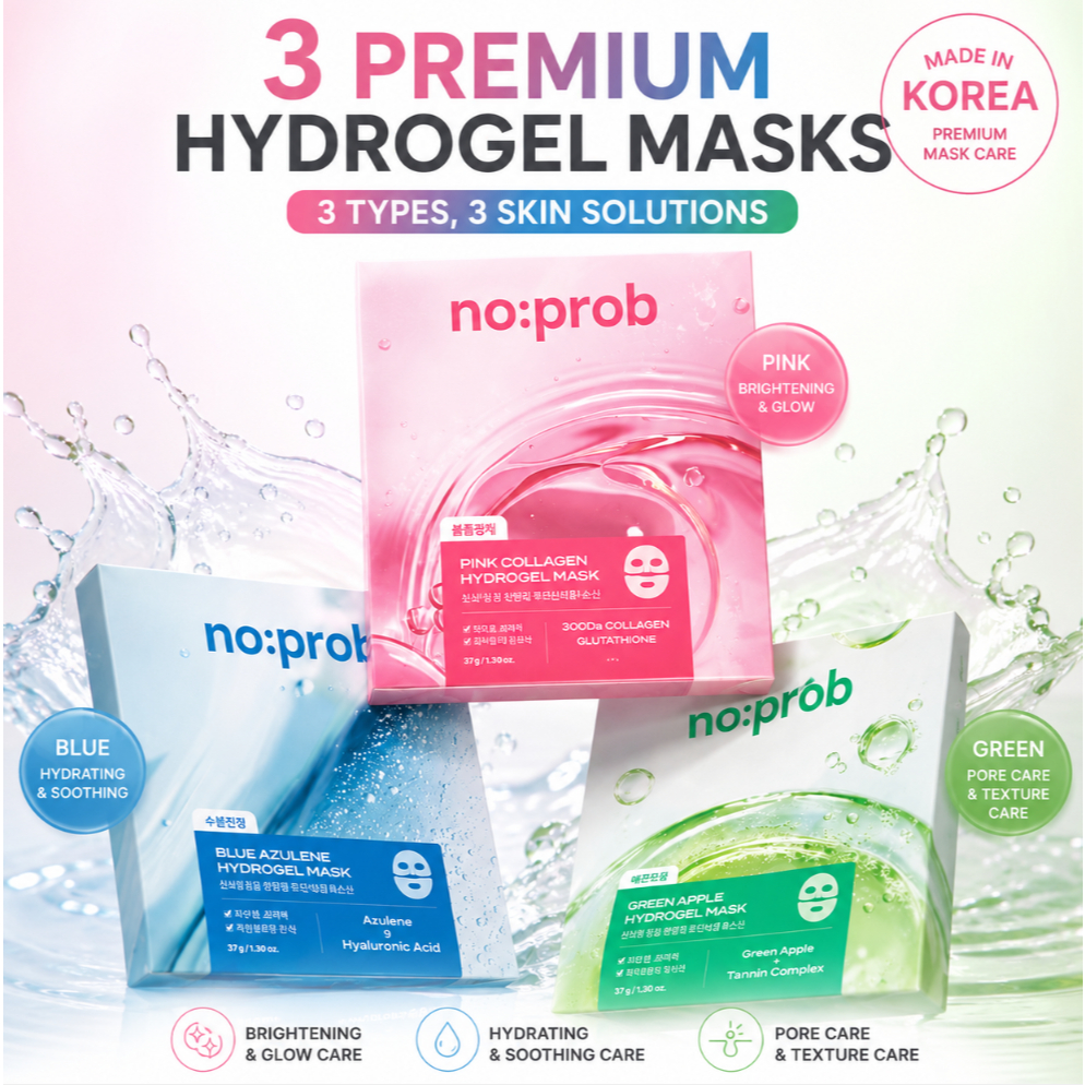 No:prob Hydrogel Mask ชุด 3 ชิ้น (คอลลาเจนสีชมพู + Blue Azulene + Green Apple) 37g  3 แผ่น