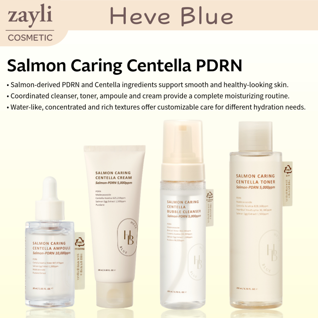 HEVBLUE Salmon Caring Centella PDRN Toner Ampoule Cream Cleanser Collection