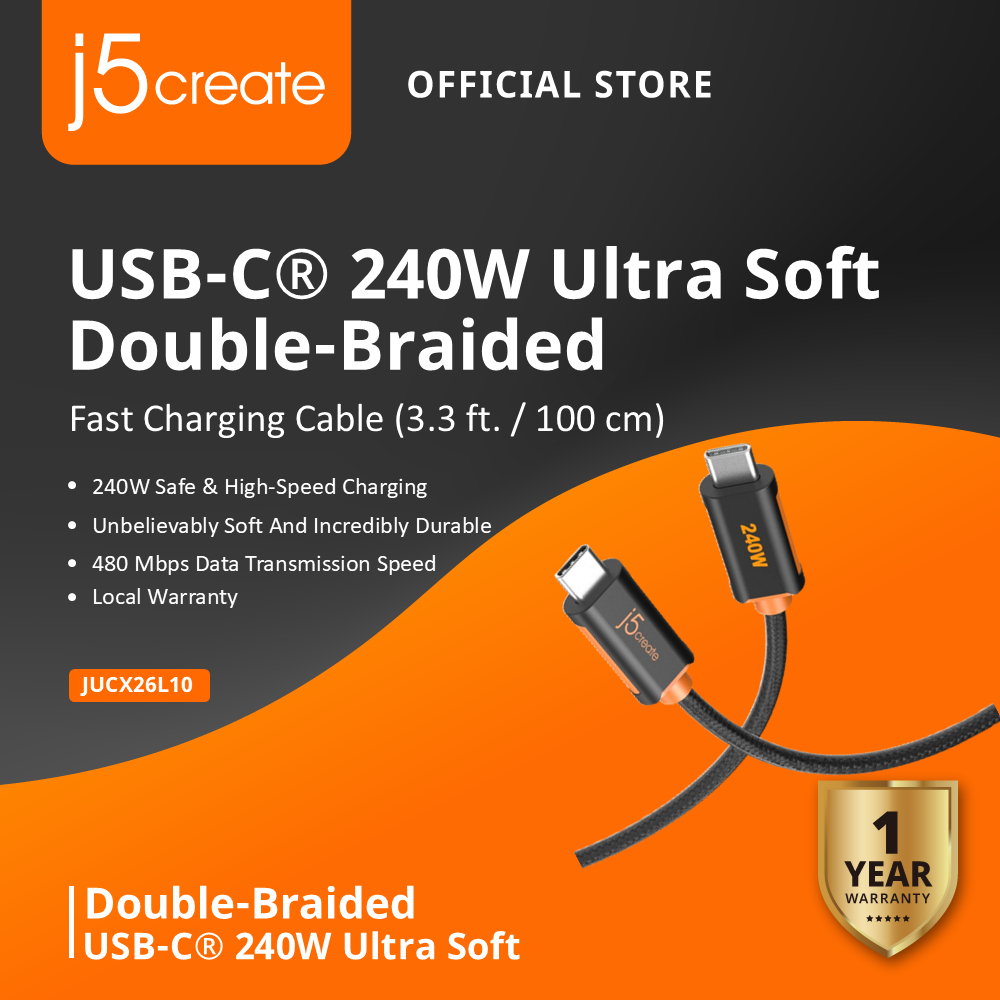 J5CREATE JUCX26L10 USB-C 240W Soft Double-Braided Fast สายชาร์จ (1.0M)