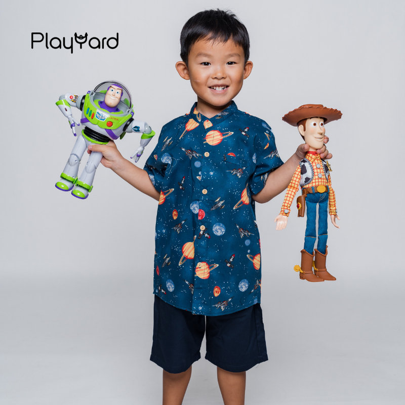 Boy Shirt Mandarin Collar - Little Planet Galaxy (สีกรมท่า)