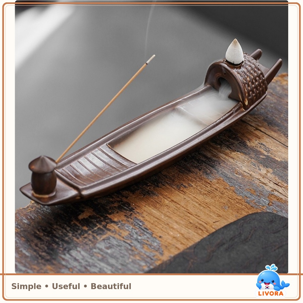 CERAMIC BOAT-SHAPED 2-IN-1 INCENSE HOLDER A PEACEFUL JOURNEY