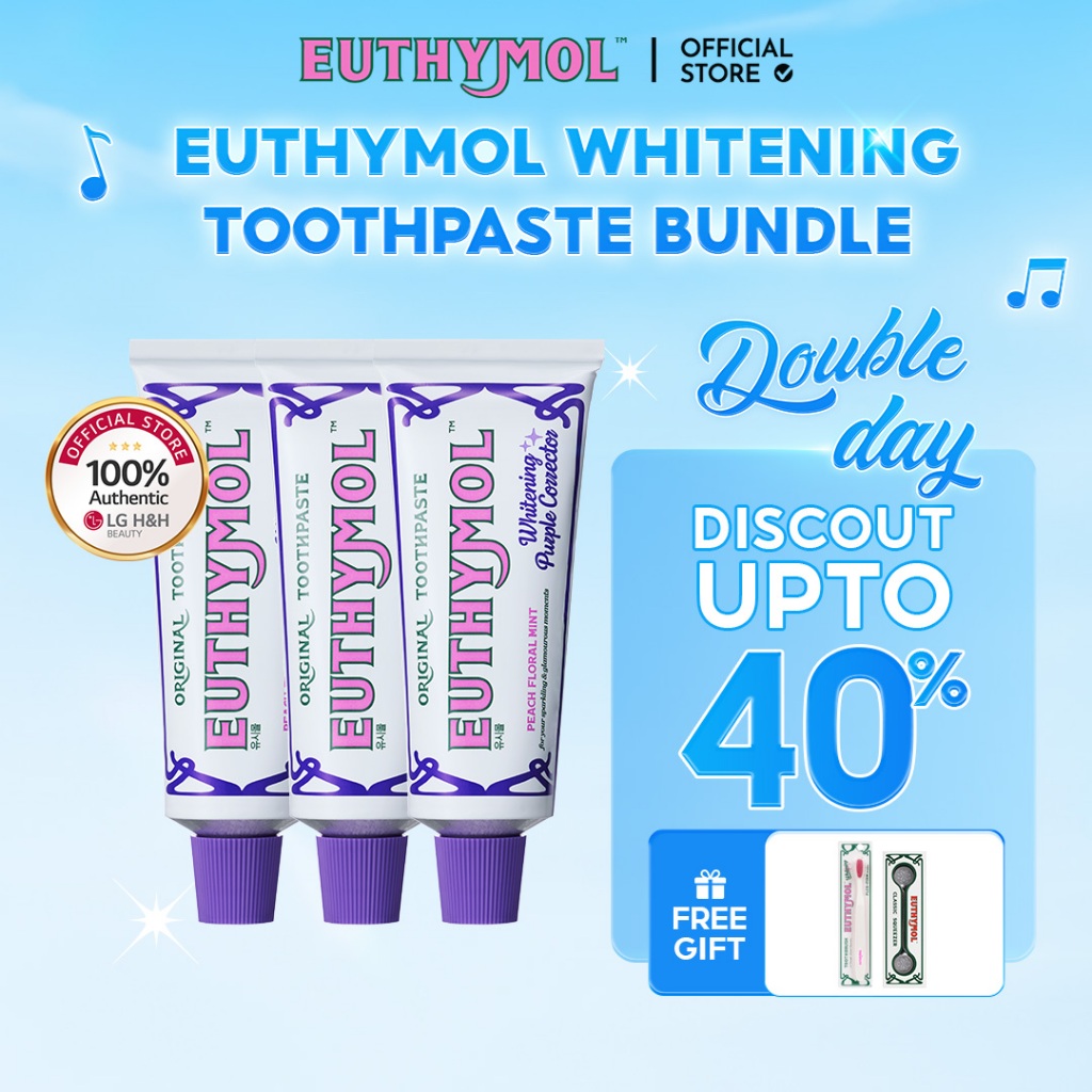[EUTHYMOL] | เซตยาสีฟันสูตรฟันขาว แพ็ก 3 ชิ้น | 106g * 3 ชิ้น | (แถมฟรี: ไหมขัดฟัน * 1 ชิ้น + ยาสีสูตรขาว 20g * 2 + ที่บีบยาสี * 1) | ปรับโทนขาวสว่าง | LG H&H OFFICIAL