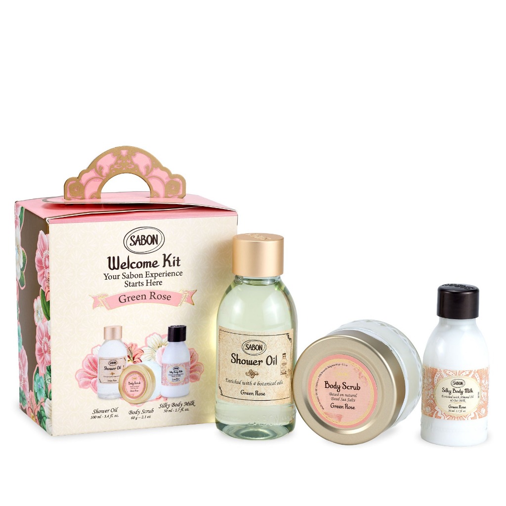 SABON Welcome Kit Green Rose / Shower Oil 100ml + Body Scrub 60g + Body Milk 50ml Body Care Trio Set