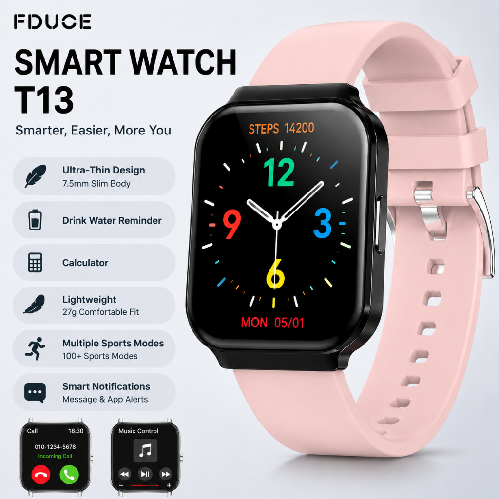 FDUCE T13 Smart Watch สีชมพู 1.75" HD – โทร Bluetooth, หน้าจอสัมผัสเต็มรูปแบบ, การติดตามกิจกรรมฟิตเน