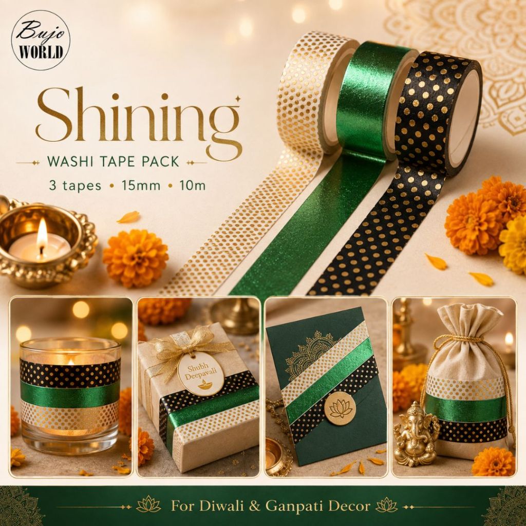 Washi Tapes 3 Rolls - Shining Metallic green and white & black gold dots decor for diwali festival