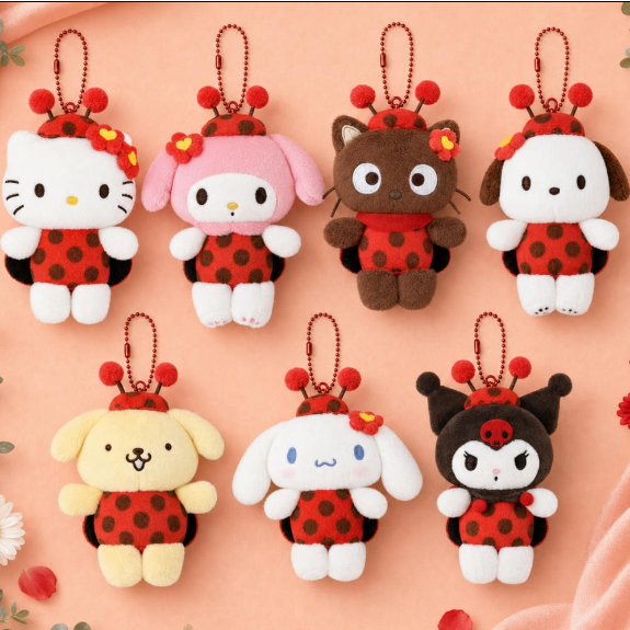 Sanrio Authatic Ladybug ตุ๊กตาพวงกุญแจกระเป๋า Charm 8 ซม.Hello Kitty Cinnamoroll Kuromi My Melody Pochacco Pompompurin Chococat